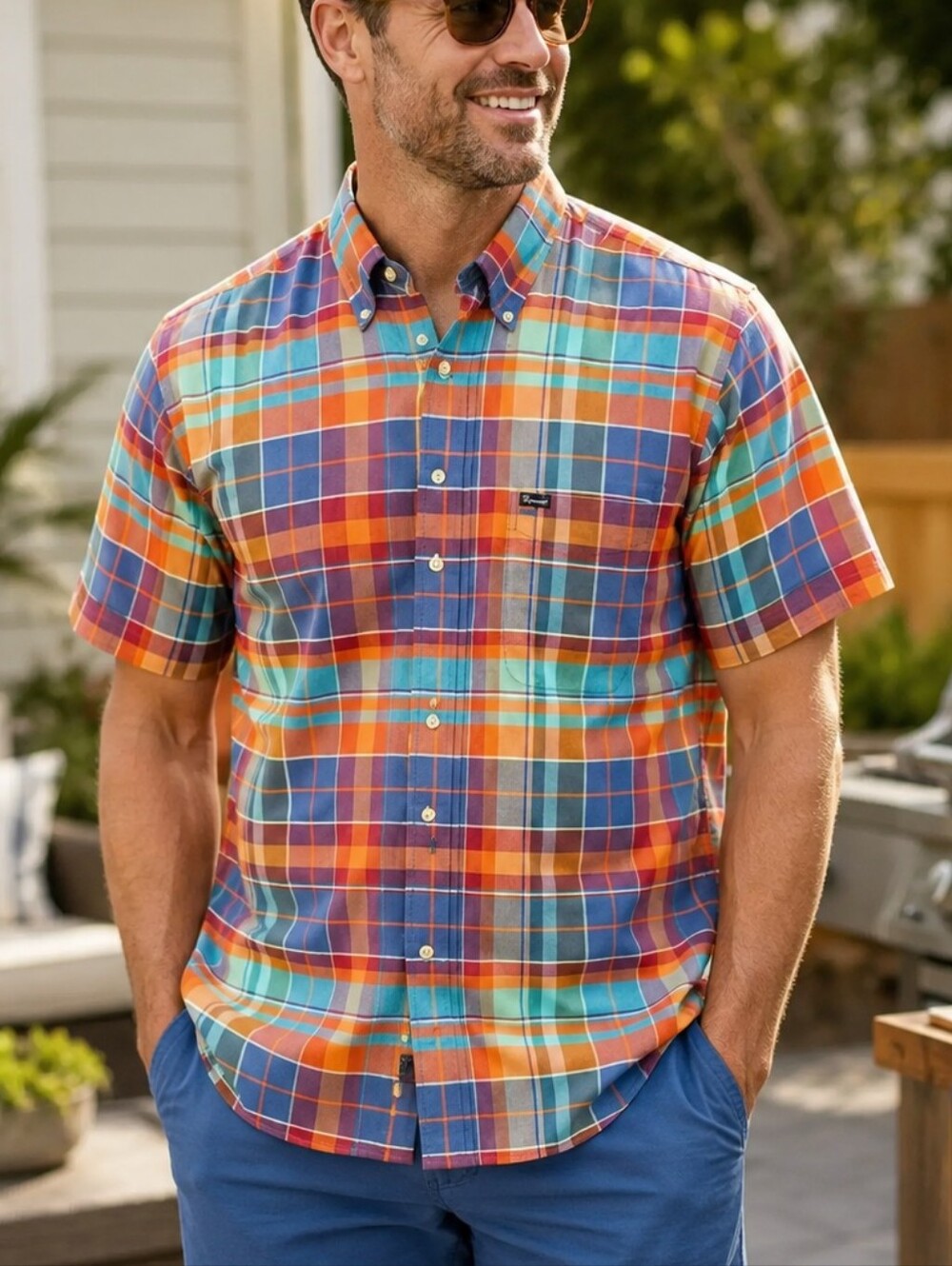 Façonnable Men’s SZ Medium Madras Plaid SS Button Down Shirt 100% Cotton